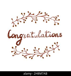 Gratulation Lettering. Zwei Zweige mit Beeren in Form eines runden Rahmens. Handgeschrittlicher Grußtext. Bunte Vektorgrafik handgezeichnete iso Stock Vektor