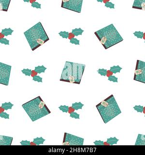 Nahtloses Muster. Geschenkschachtel mit einem Faden mit einem weißen schneebedeckten Zweig und roten Beeren gebunden. Holly Berry. Abzeichen mit Schneeflocke. Farbenfrohe Vektorgrafik Stock Vektor