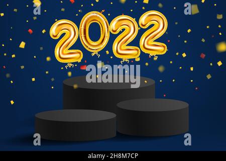 2022 Goldfolie Luftballons Zahlen, schwarze Bühne, Podium. 3D realistische Szene goldener Ballon, Sockel, fallendes Konfetti. Vektor-Vorlage Banner Weihnachten Stock Vektor