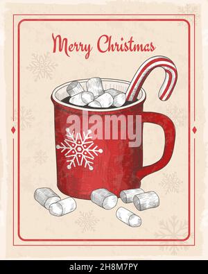 Weihnachtsdarstellung mit handgezeichneter roter Tasse heißer Schokolade mit Marschmalow. Vektorgrafik im Skizzengravurstil. Vintage-Hintergrund Stock Vektor