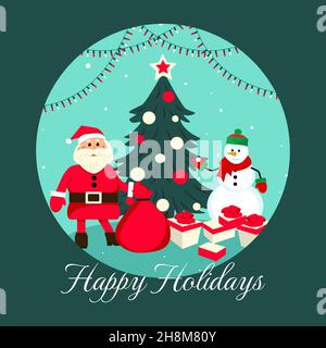 Weihnachtsmann mit einer Geschenktüte in der Nähe des Weihnachtsbaums. Vektorgrafik Stock Vektor