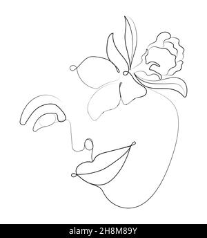 Boho Frauen Gesicht Vektor. Surreales Porträt, Mädchengesicht mit Lotus, Chrysantheme, Lilienblumen im kontinuierlichen Linienstil. Trendy floral, botanische abstrakt Stock Vektor