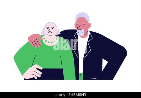 Ältere Menschen verbinden ihre Familie. Afro Senior umarmt seine Frau mit einem Porträt. Flache Grafik Stockfoto