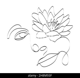 Boho Frauen Gesicht Vektor. Surreales Porträt, Mädchengesicht mit Lotus, Chrysantheme, Lilienblumen im kontinuierlichen Linienstil. Trendy floral, botanische abstrakt Stock Vektor