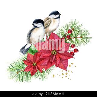 Aquarell Vögel auf Blumenstrauß mit roten Blumen. Weihnachtskarte mit Kiefernbaum, Weihnachtsstern, goldener Glitterfolie. Botanische Blumendarstellung für Stockfoto