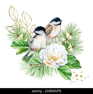Aquarell Vögel auf Bouquet mit weißer Rose. Weihnachtskarte mit Kiefernbaum, zwei Finken und goldener Glitterfolie. Botanische Blumendarstellung für Stockfoto