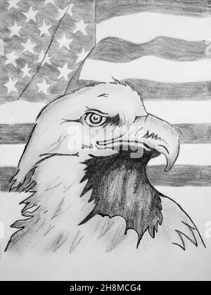 Handgezeichneter Weißkopfadler und amerikanische Flagge Stockfoto