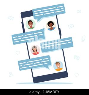 Chat-Telefon-Konzept. Smartphone mit Nachrichten, Dialog. Nachrichtenblasen. Vektorgrafik im flachen Stil Stock Vektor