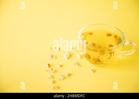 Kamillentee, der auf gelbem Hintergrund gebraut und in einer Glasschale serviert wird Stockfoto