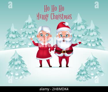 Ho Ho Ho, Frohe Weihnachten. Weihnachtsmann, Frau Claus, auf Winterschnee Hintergrund. Cartoon-Vektorgrafik Stock Vektor