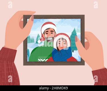 Hände halten Weihnachten Familienportrait im Rahmen. Foto zum Speichern. Niedliche Vektor-Illustration in flachem Stil Stock Vektor
