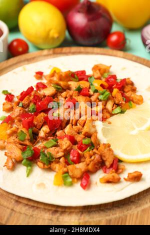 Konzept von leckeren Speisen mit Taco Nahaufnahme Stockfoto