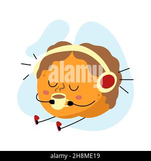 Kawaii-Pfirsich-Charakter. Winter gemütliche Tee-Party zu Musik. Lustige Obst Maskottchen. Niedliche helle Illustration für Neujahr und Weihnachten Urlaub Design. Atmosphäre Stock Vektor