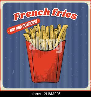 Pommes Frites im Gravurstil. Vintage-Poster. Vektor im handgezeichneten Skizzenstil. Fast Food Stock Vektor