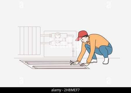 Reparatur- und Bauarbeiten Konzept. Positive junge Arbeiter in Kappe sitzen und machen Bodenbelag für Wohnung Vektor Illustration Stock Vektor