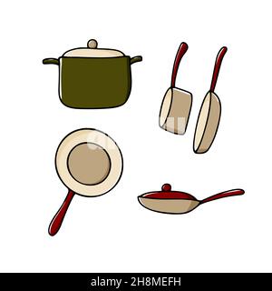 Doodle Bratpfanne, Kochtopf-Set. Farbtöpfe isoliert auf weißem Hintergrund. Gemütliche Küchenutensilien, niedliches Geschirr, Geschirr zum Braten, Kochen, Kochen Stock Vektor
