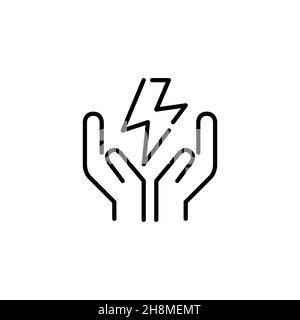 Symbol für nachhaltige umweltfreundliche Energie. Blitz in den Händen. Pixel Perfect, bearbeitbares Kontursymbol Stock Vektor