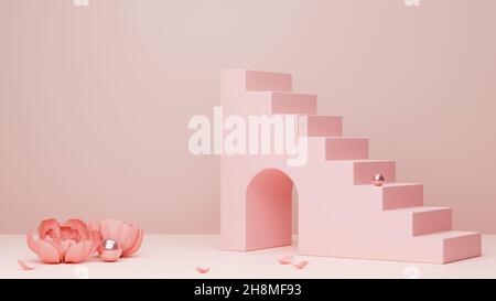 Bogen und Treppe in trendigen minimal rosa Hintergrund. Produktpräsentation in modernen geometrischen Grafik pastellrosa Design. 3D Rendering, 3D Illustration Stockfoto