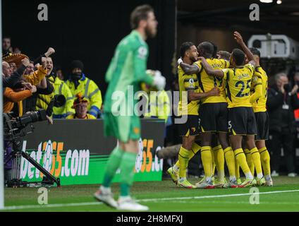 Watford, Großbritannien. 20th. November 2021. Watford-Spieler feiern das Tor 2nd während des Premier League-Spiels zwischen Watford und Manchester United am 20. November 2021 in der Vicarage Road, Watford, England. Foto von Andy Rowland. Quelle: Prime Media Images/Alamy Live News Stockfoto