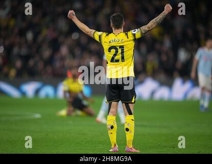 Watford, Großbritannien. 20th. November 2021. Kiko Femenia aus Watford während des Premier League-Spiels zwischen Watford und Manchester United am 20. November 2021 in der Vicarage Road, Watford, England. Foto von Andy Rowland. Quelle: Prime Media Images/Alamy Live News Stockfoto