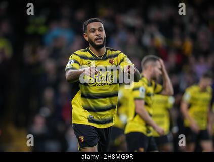 Watford, Großbritannien. 20th. November 2021. Joshua King of Watford feiert sein Tor während des Premier League-Spiels zwischen Watford und Manchester United am 20. November 2021 in der Vicarage Road, Watford, England. Foto von Andy Rowland. Quelle: Prime Media Images/Alamy Live News Stockfoto