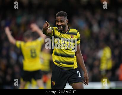 Watford, Großbritannien. 20th. November 2021. Emmanuel Dennis von Watford feiert ein Tor während des Premier League-Spiels zwischen Watford und Manchester United am 20. November 2021 in der Vicarage Road, Watford, England. Foto von Andy Rowland. Quelle: Prime Media Images/Alamy Live News Stockfoto