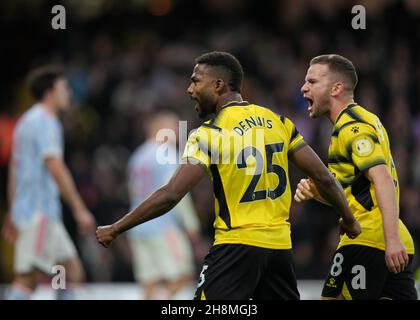 Watford, Großbritannien. 20th. November 2021. Emmanuel Dennis von Watford feiert ein Tor während des Premier League-Spiels zwischen Watford und Manchester United am 20. November 2021 in der Vicarage Road, Watford, England. Foto von Andy Rowland. Quelle: Prime Media Images/Alamy Live News Stockfoto