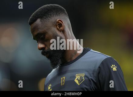 Watford, Großbritannien. 20th. November 2021. Nicolas Nkoulou von Watford im Vorspiel der Premier League zwischen Watford und Manchester United am 20. November 2021 in der Vicarage Road, Watford, England. Foto von Andy Rowland. Quelle: Prime Media Images/Alamy Live News Stockfoto