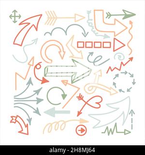 Doodle-Vektorpfeile gesetzt. Handgezeichnete Business-Symbole. Skizzierende Illustration für Schule, Präsentation Stock Vektor