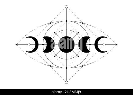 Himmlische Magie Mondphasen Symbole, Heilige Geometrie, Auge der Vorsehung mystische Konzept, Alchemie alles sehende Auge, schwarzes Logo Tattoo, Boho Stil Vektor i Stock Vektor