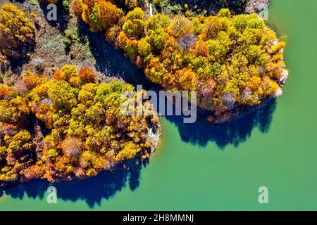 Herbstfarben in Longas (oder "Loggas") See, Antichasia Berge, Trikala, Thessalien, Griechenland. Stockfoto