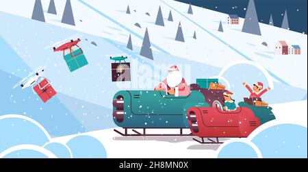 Elfen mit weihnachtsmann fahren Schlitten Auto mit Geschenken fröhlich weihnachten frohes neues Jahr Winterferien Feier Stock Vektor
