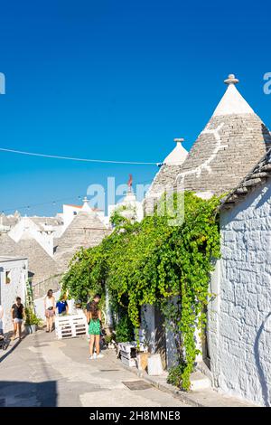 ALBEROBELLO, ITALIEN, 19. AUGUST 2021: Touristen in Alberobello, einer Stadt mit typischen Häusern, die in Apulien, Süditalien, als Trulli bezeichnet werden Stockfoto