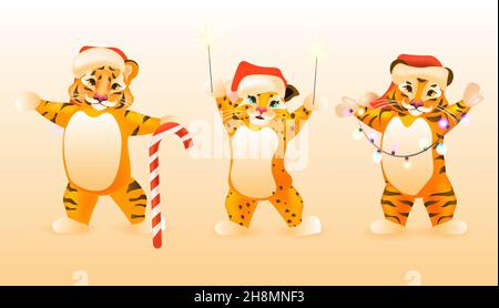 Set niedlichen Tiger in santa Hüte frohes neues Jahr fröhliche weihnachten Urlaub Grußkarte horizontal Stock Vektor