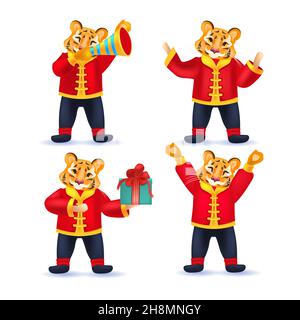 Set niedlichen Tiger Kollektion glückliches neues Jahr fröhlichen weihnachtsfeiertag Konzept Stock Vektor