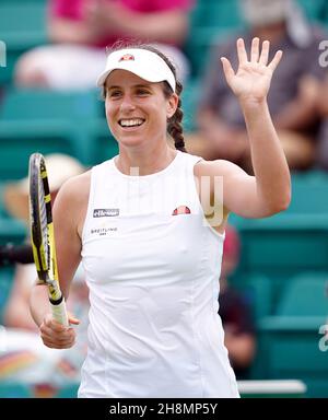 File Photo vom 13-06-2021 von Johanna Konta feiert nach dem Gewinn ihres WTA-Finales gegen Shuai Zhang am 9. Tag der Viking Open im Nottingham Tennis Center. Die ehemalige britische Nummer 1 Johanna Konta hat in einer Erklärung ihren Rücktritt vom professionellen Tennis angekündigt. Ausgabedatum: Mittwoch, 1. Dezember 2021. Stockfoto