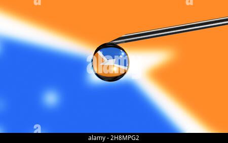 Impfstoffspritze Tropfen auf Nadel Nationalflagge der Provinz Tierra del Fuego Argentinien. Impfung nach medizinischem Konzept. Coronavirus SARS-Cov-2 Pandemie Stockfoto