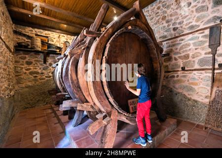 Ein riesiges Holzfass (mit einer Kapazität von 12 Tonnen) im Kloster Varlaam, Meteora, Präfektur Trikala, Thessalien, Griechenland. Stockfoto