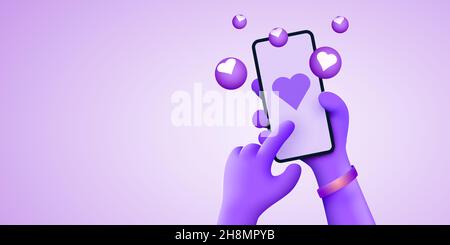 Niedliche Cartoon-Hand hält Handy mit Likes Benachrichtigungssymbole auf blauem Hintergrund. Social Media und Marketing Konzept. Vektorgrafik Stock Vektor