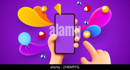 Telefon in zwei Händen halten. Telefonmodup. Farbexplosion. Berühren des Bildschirms mit dem Finger. Vektorgrafik Stock Vektor
