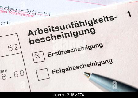 Bescheinigung über Arbeitsunfähigkeit, Anfangsbescheinigung, Folgebescheinigung Stockfoto