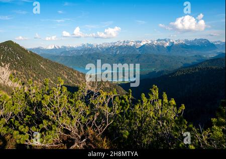 Blick auf Bergpanorama mit Walchensee und Karwendel, Höhenwanderung Herzogstand Heimgarten, Oberbayern, Bayern, Deutschland Stockfoto