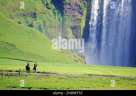 Wassermassen stürzen senkrecht in die Tiefe, Spiegelung im Wasser, grüne Landschaft, zwei Reiter auf isländischen Pferden, Skogafoss, Island Stockfoto