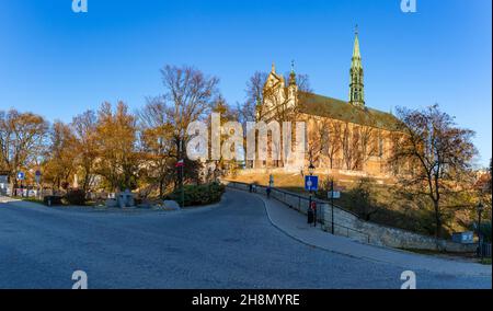 Ein Bild der Sandomierz Kathedrale, aufgenommen von einer Kreuzung in der Nähe, im Herbst. Stockfoto