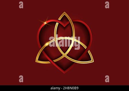 Keltischer Liebesknoten, verflochene rote Herzform und goldener Triquetra, Symbol für die ewige Liebe. Logo-Symbol Valentinstag Konzept, Gold Vektor Tattoo Stock Vektor