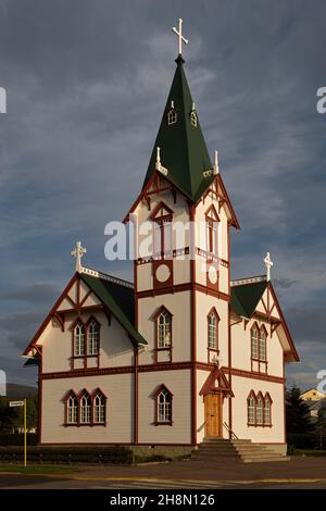 Husavikurkirkja, Holzkirche in Husavik, Husavik, Norourland Eystra, Nordost-Island, Island Stockfoto