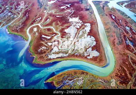 Das Delta des Aliakmon ('Haliacmon') Flusses von oben. Pieria, Zentralmakedonien, Griechenland. Stockfoto