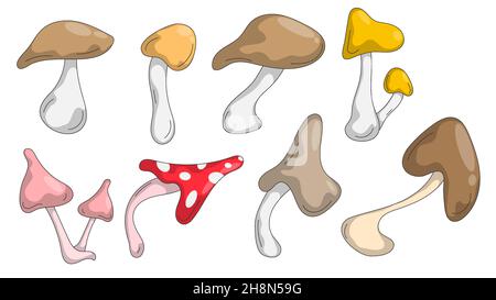 Set von Cartoon essbare und giftige Pilze mit verschiedenen Formen von Kappen. Handgezeichnete Pilze zur Illustration Dekoration. Isolierter Vektor auf Whit Stock Vektor
