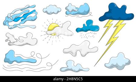 Set von Cartoon-Wolken in verschiedenen Formen. Handgezeichnete Wolken, Sonnen- und Wettermuster zur Illustration. Isolierter Vektor auf weißem Backgroun Stock Vektor