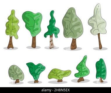 Set von Cartoon-Bäumen mit verschiedenen Kronenformen. Handgezeichnete Bäume für Park-Illustrationen. Isolierter Vektor auf weißem Hintergrund Stock Vektor